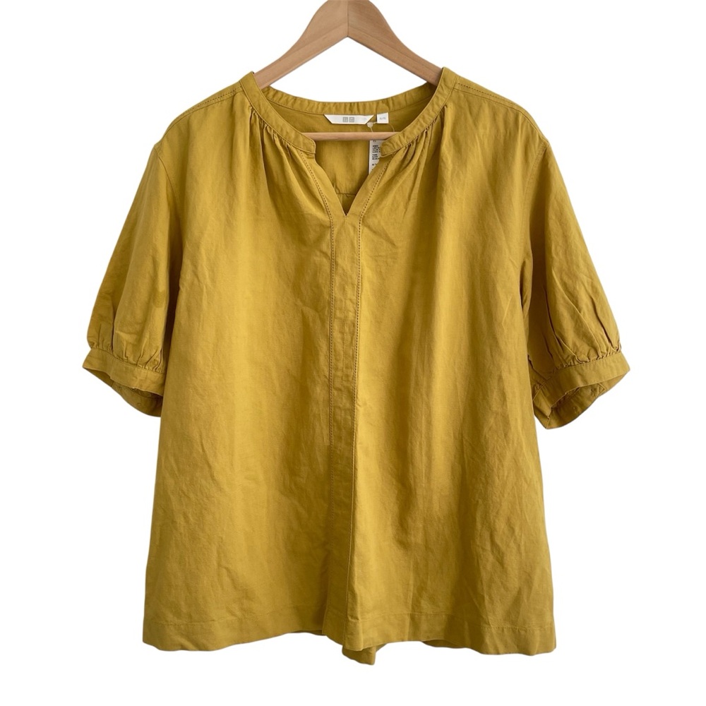 Uniqlo Linen Blend Split Neck Blouse Mustard Yellow XL Short Sleeve